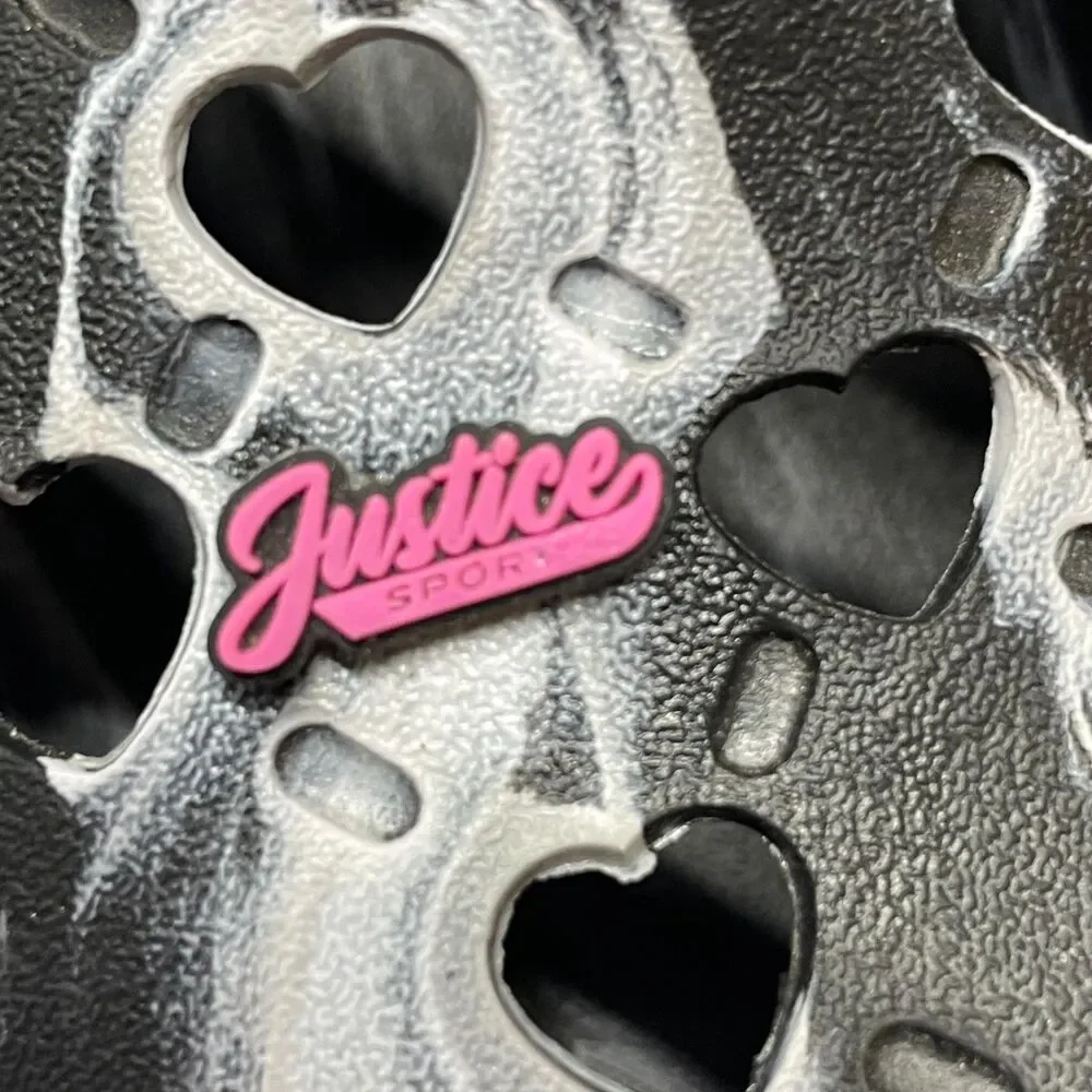 Justice Sport Marbled Heart Clogs Black White Slip-On Shoes Butterfly Charms